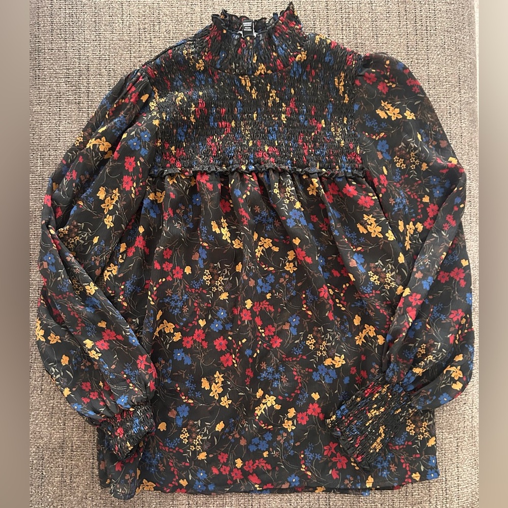 Laundry By Shelli Segal Floral Smocked Blouse - Black, Red, Yellow, Blue